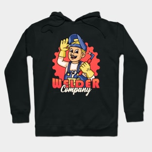 Welder Company, a male cartoon retro mascot using workshop welding equipment Hoodie